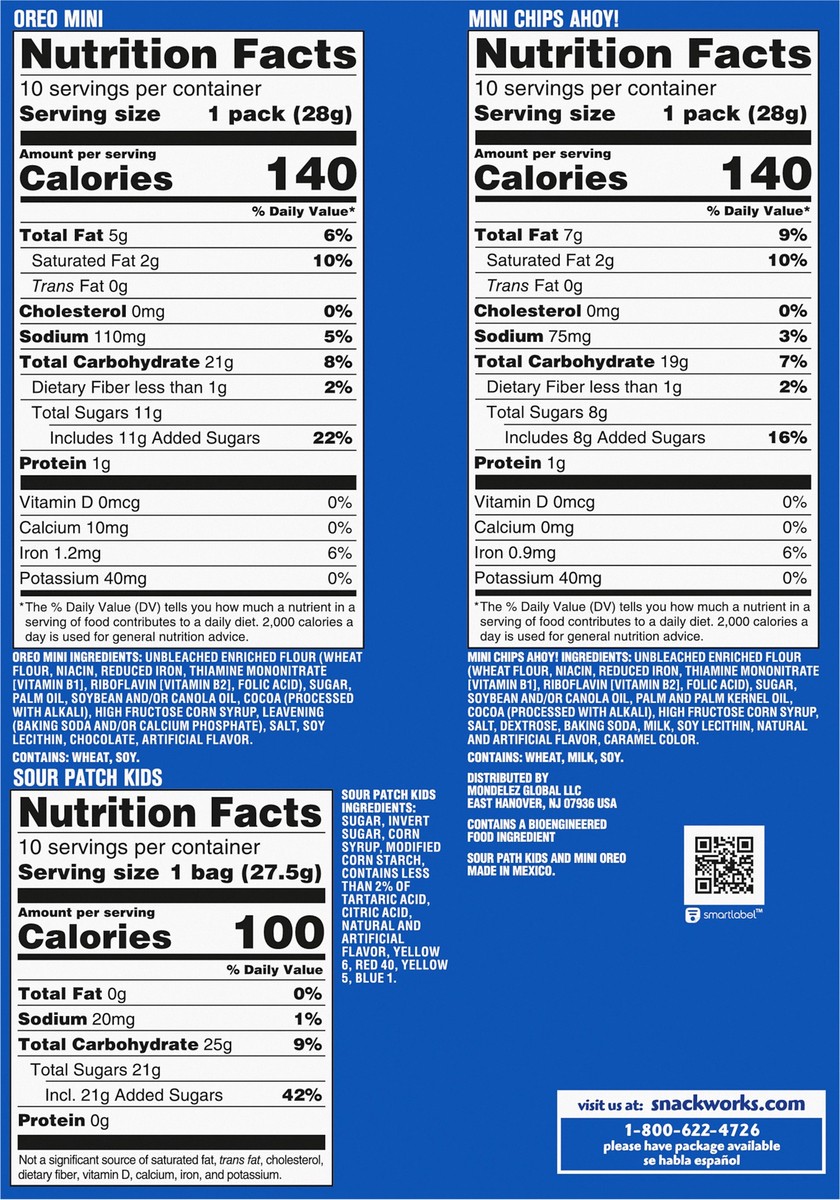 slide 8 of 14, Mixed Nabisco Cookies & Candy Variety Pack, SOUR PATCH KIDS Candy, OREO Mini Cookies, and Mini CHIPS AHOY! Cookies, 30 Snack Packs, 30 ct