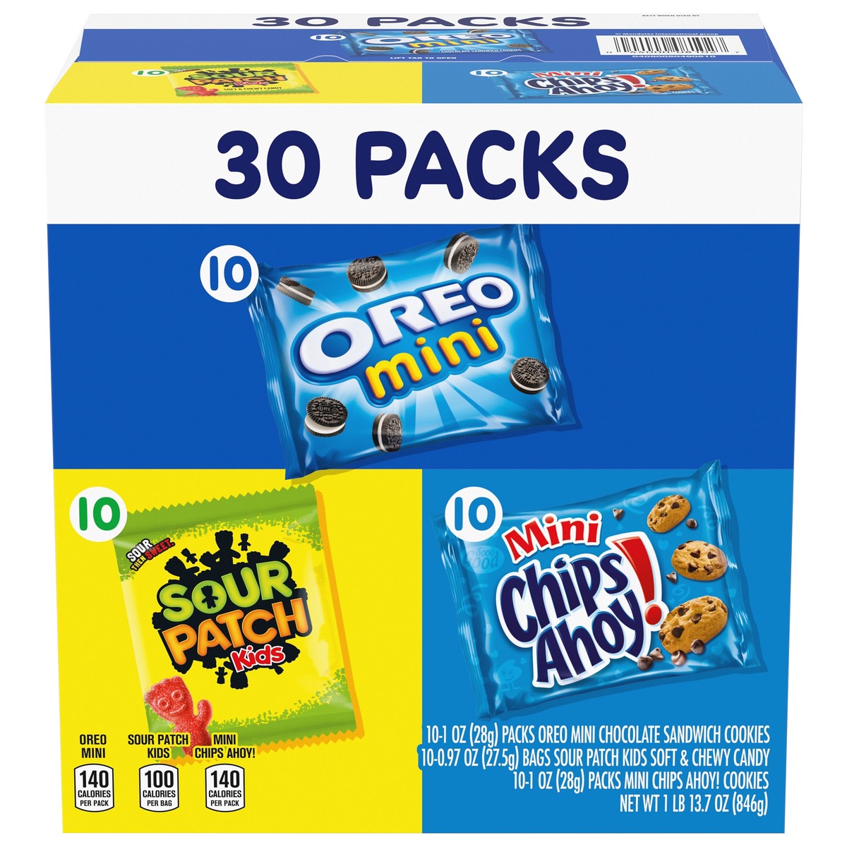 slide 1 of 14, Mixed Nabisco Cookies & Candy Variety Pack, SOUR PATCH KIDS Candy, OREO Mini Cookies, and Mini CHIPS AHOY! Cookies, 30 Snack Packs, 30 ct