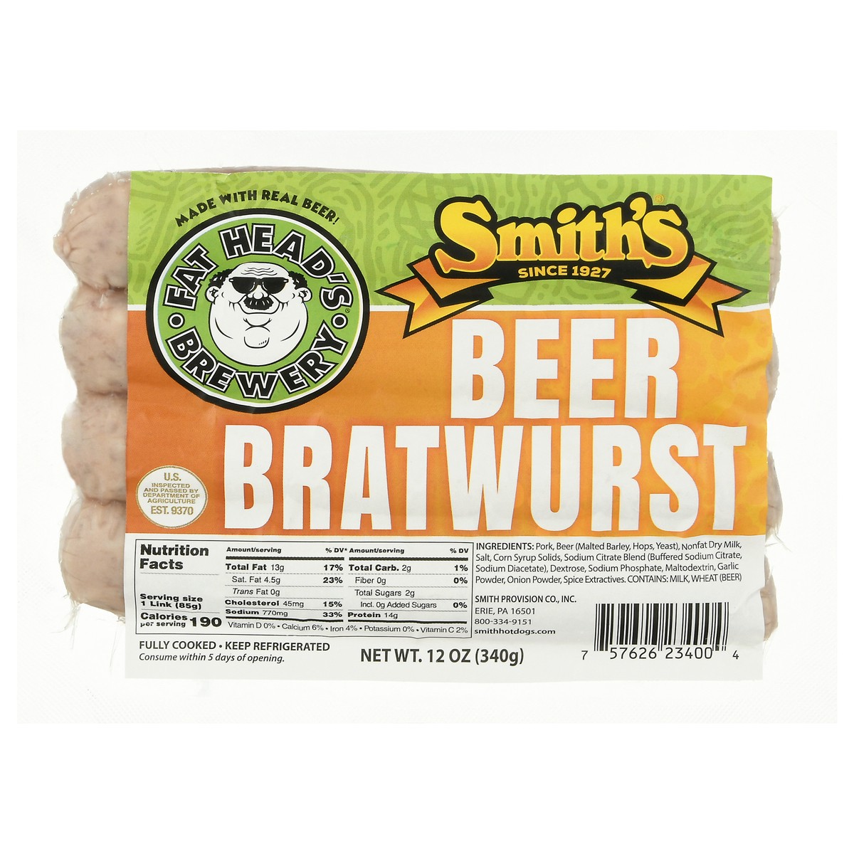 slide 8 of 13, Smith's Beer Bratwurst 12 oz Shrinkwrapped, 12 oz