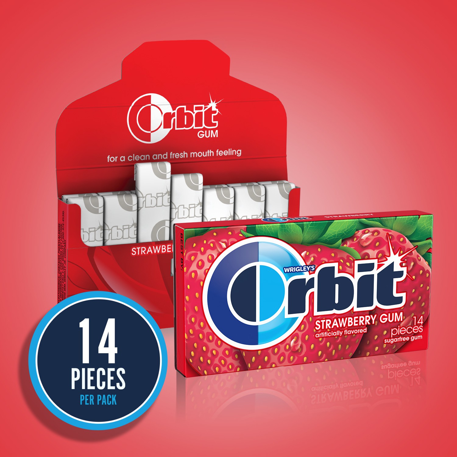 slide 4 of 5, ORBIT Gum Strawberry Sugarfree Chewing Gum, 14 Pieces (Pack of 12), 168 pc