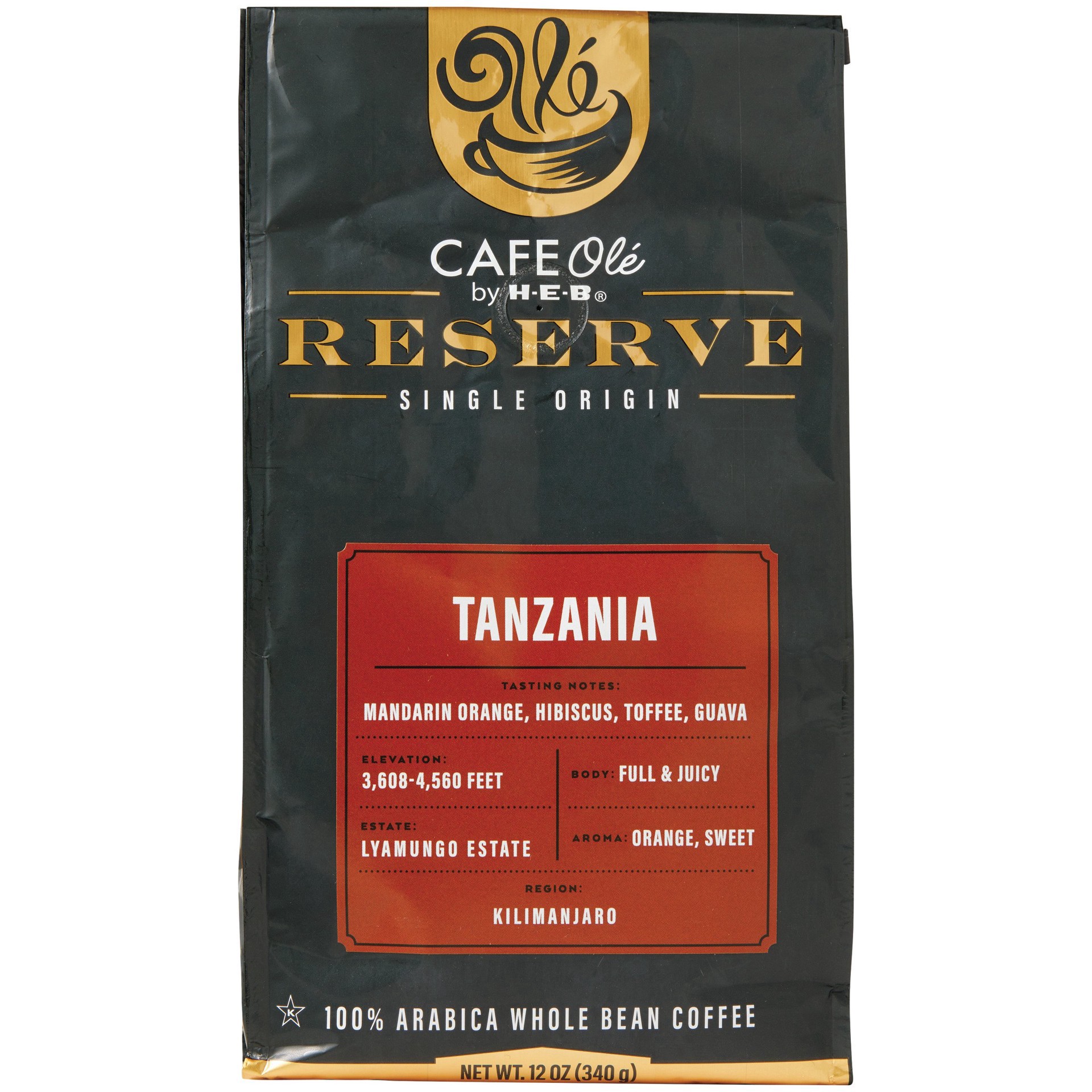 slide 1 of 1, CAFE Olé by H-E-B Reserve Single Origin Whole Bean Tanzania Coffee, 12 oz