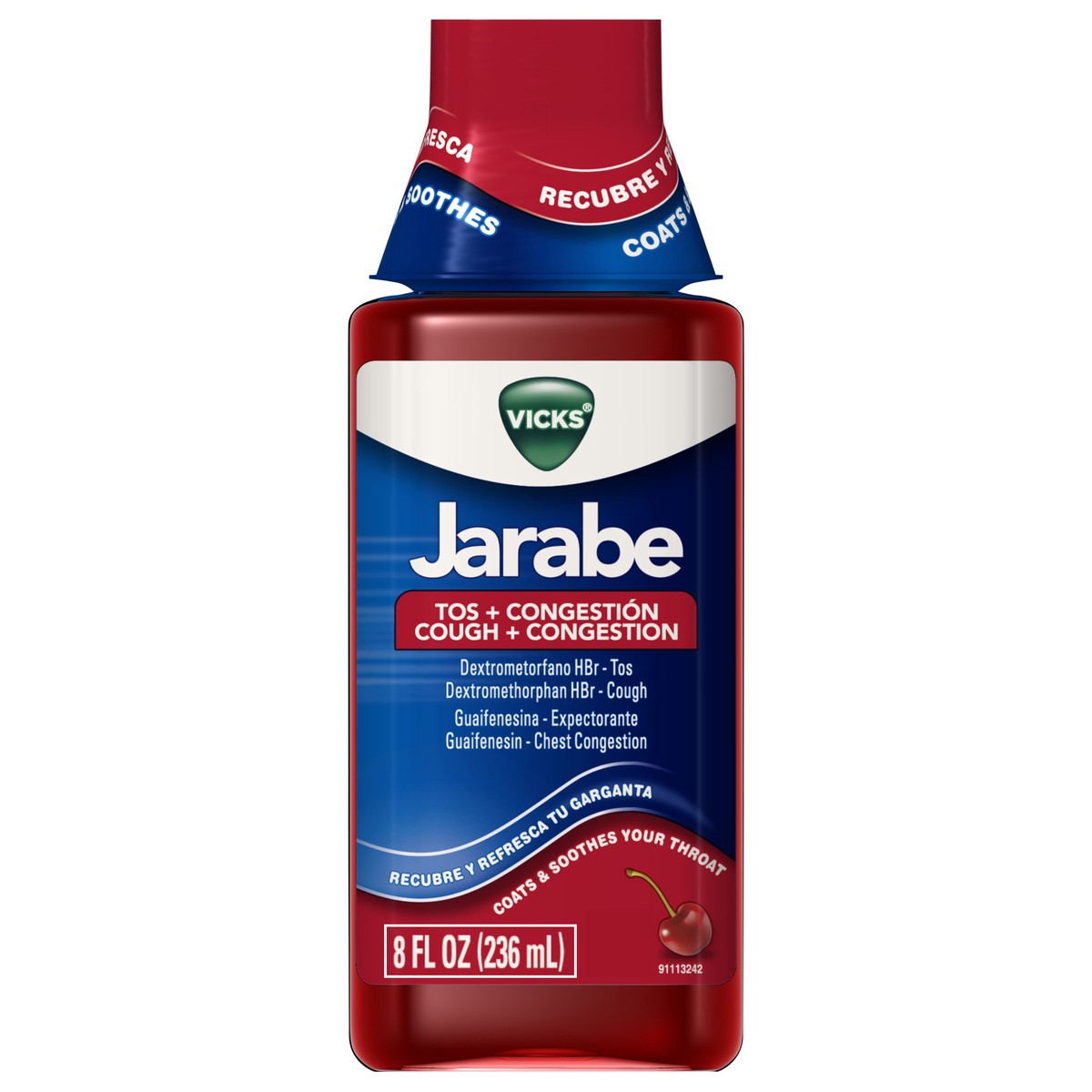 slide 1 of 1, VICKS Jarabe Cough and Congestion Cold Medicine, Fast Acting Syrup, Cough Suppressant & Expectorant, Coats & Soothes Your Throat, Cherry Flavor, 8 OZ, 8 oz