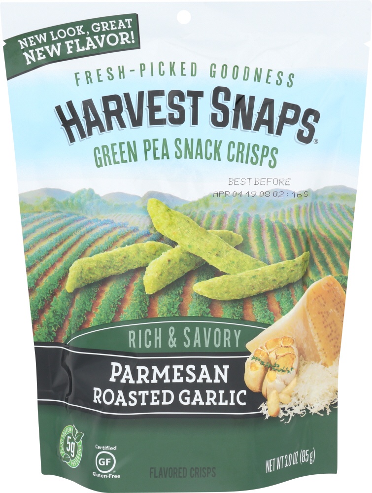 slide 1 of 3, Harvest Snaps Parmesan Roasted Garlic Green Pea Snack Crisps, 3 oz