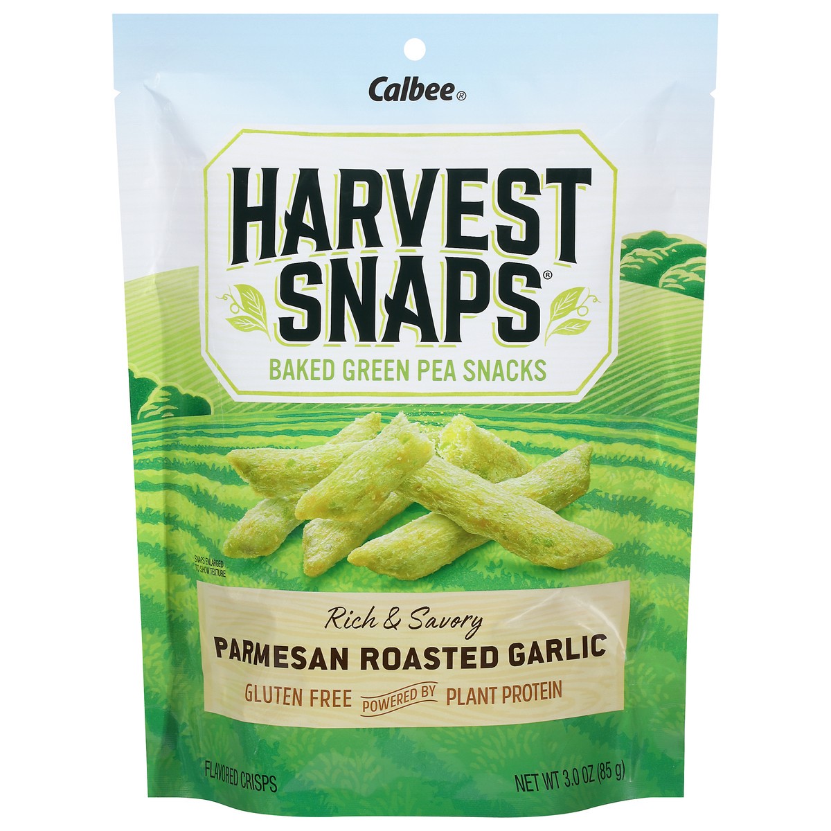 slide 1 of 9, Harvest Snaps Baked Parmesan Roasted Garlic Green Pea Snacks 3.0 oz, 3 oz