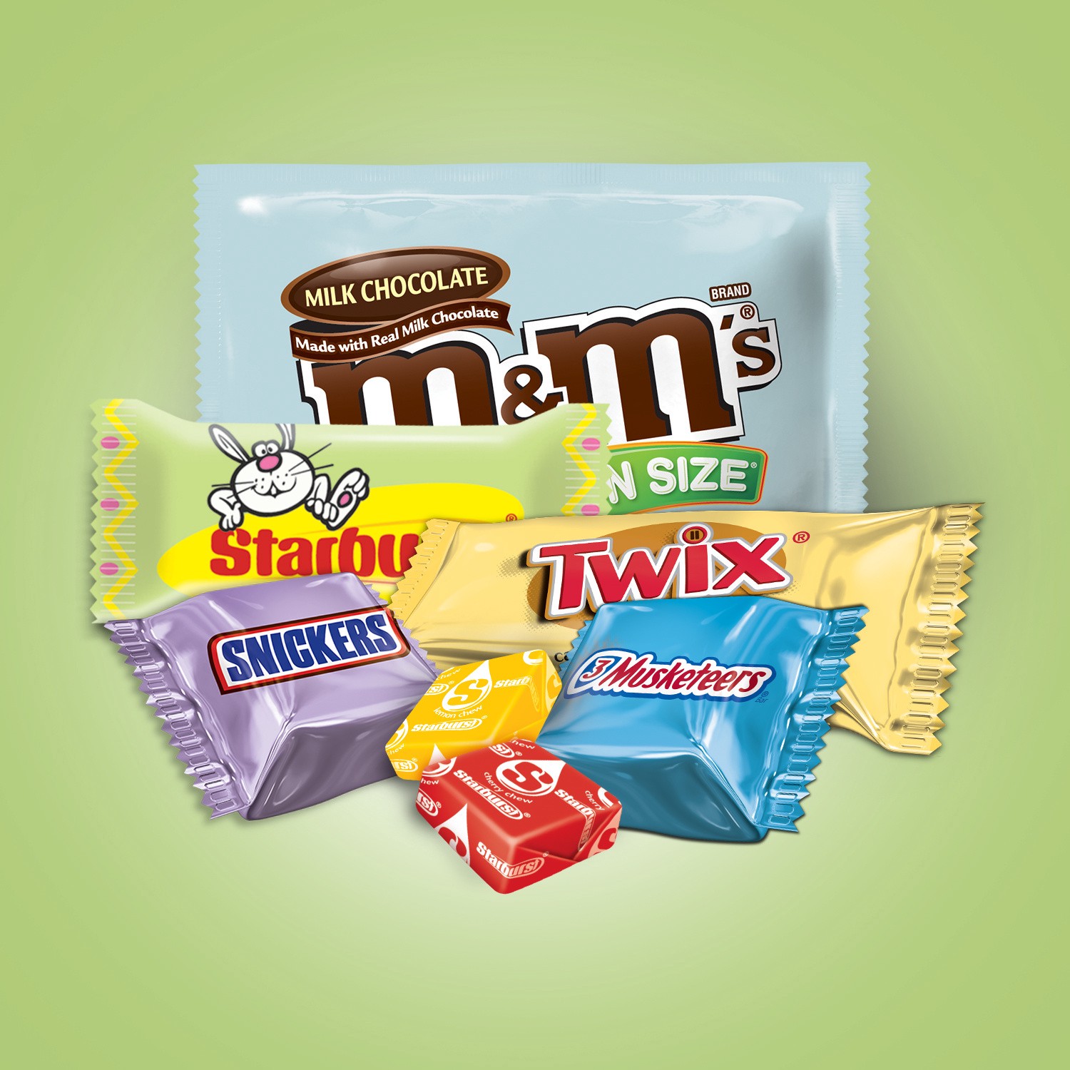 slide 2 of 3, Mixed M&M'S, SNICKERS, STARBURST, TWIX & 3 MUSKETEERS Chocolate Spring Candy Variety Mix, 35.8-Ounce 110-Piece Bag, 35 oz