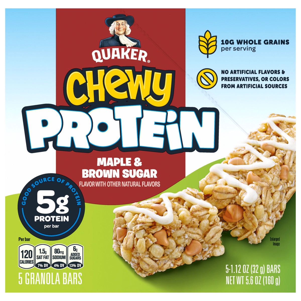 slide 1 of 10, Quaker Chewy Protein Granola Bars Maple & Brown Sugar, 1.12 oz x 5, 5 ct