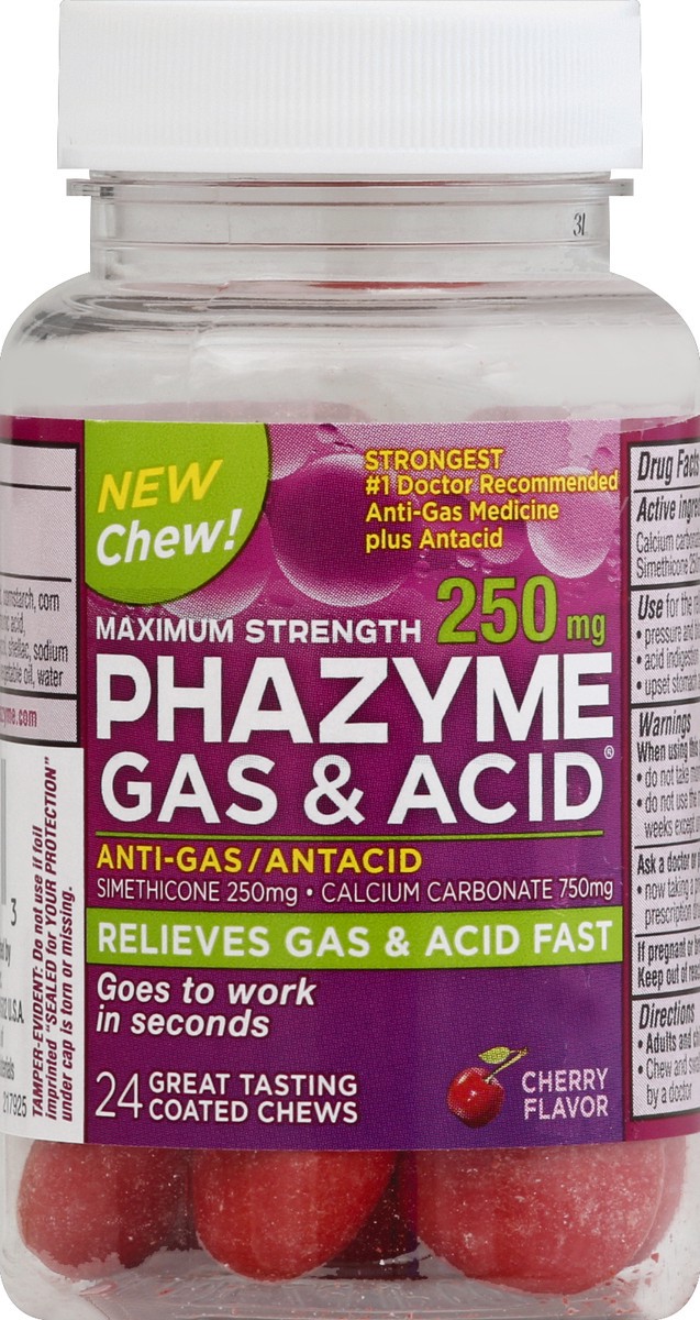 slide 4 of 5, Phazyme Maximum Strength Gas & Acid Relief, Works Fast, Cherry Flavor, 24 Chews, 24 ct