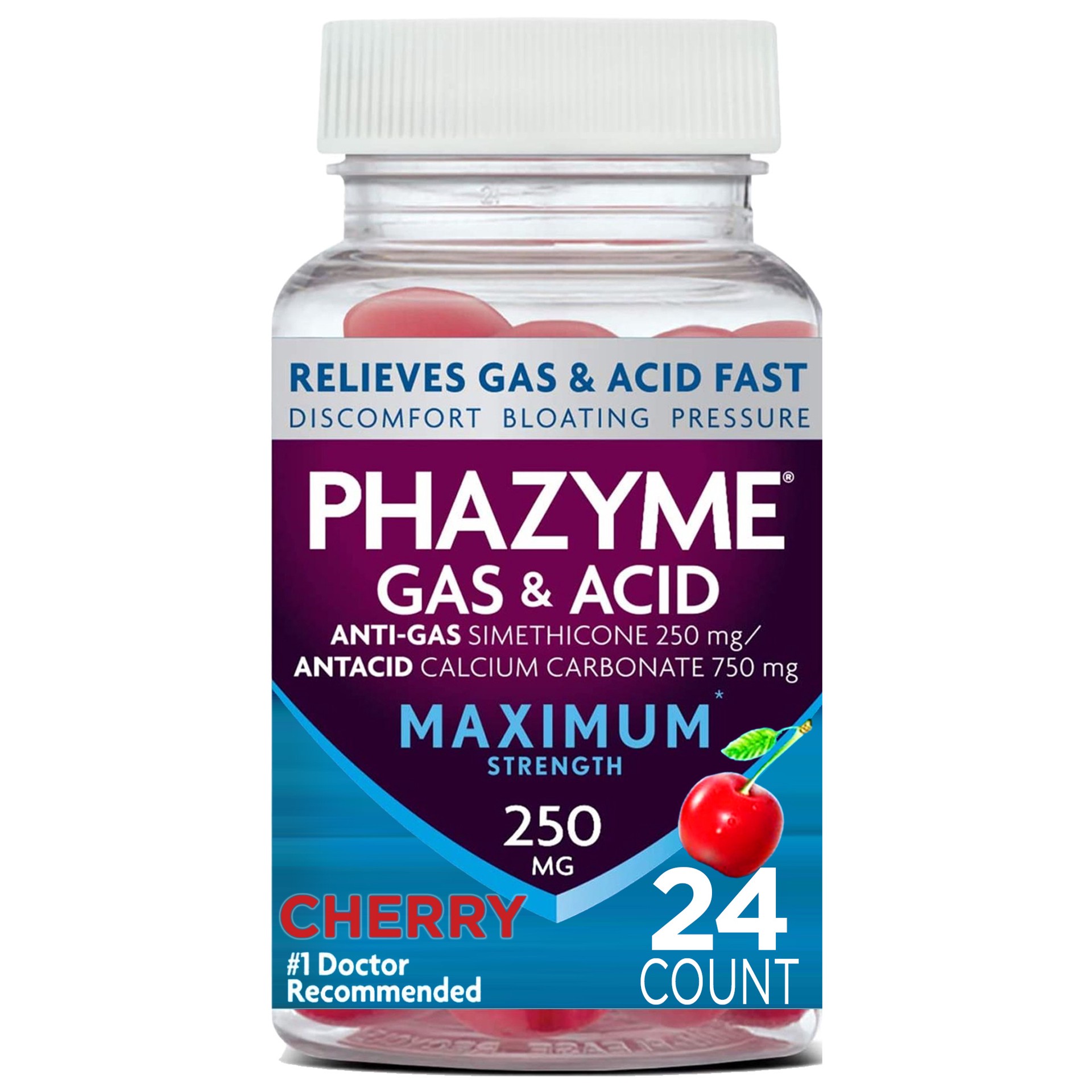 slide 1 of 5, Phazyme Maximum Strength Gas & Acid Relief, Works Fast, Cherry Flavor, 24 Chews, 24 ct