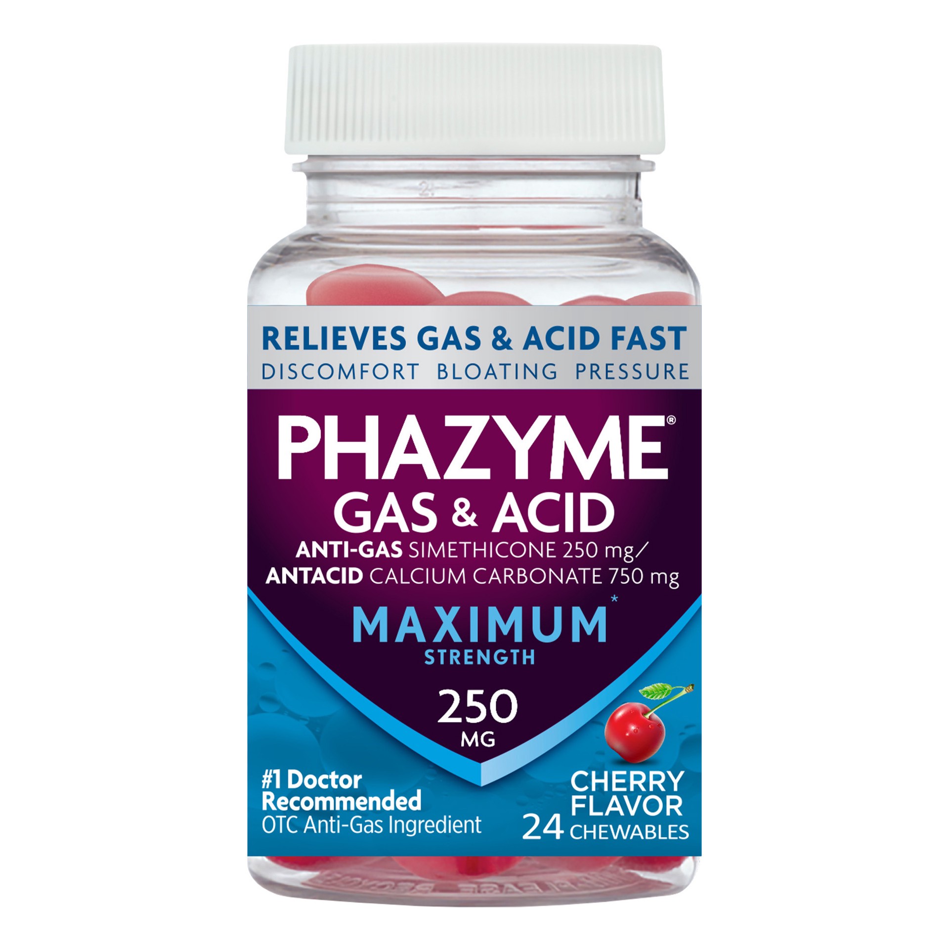 slide 1 of 5, Phazyme Maximum Strength Gas & Acid Relief, Works Fast, Cherry Flavor, 24 Chews, 24 ct