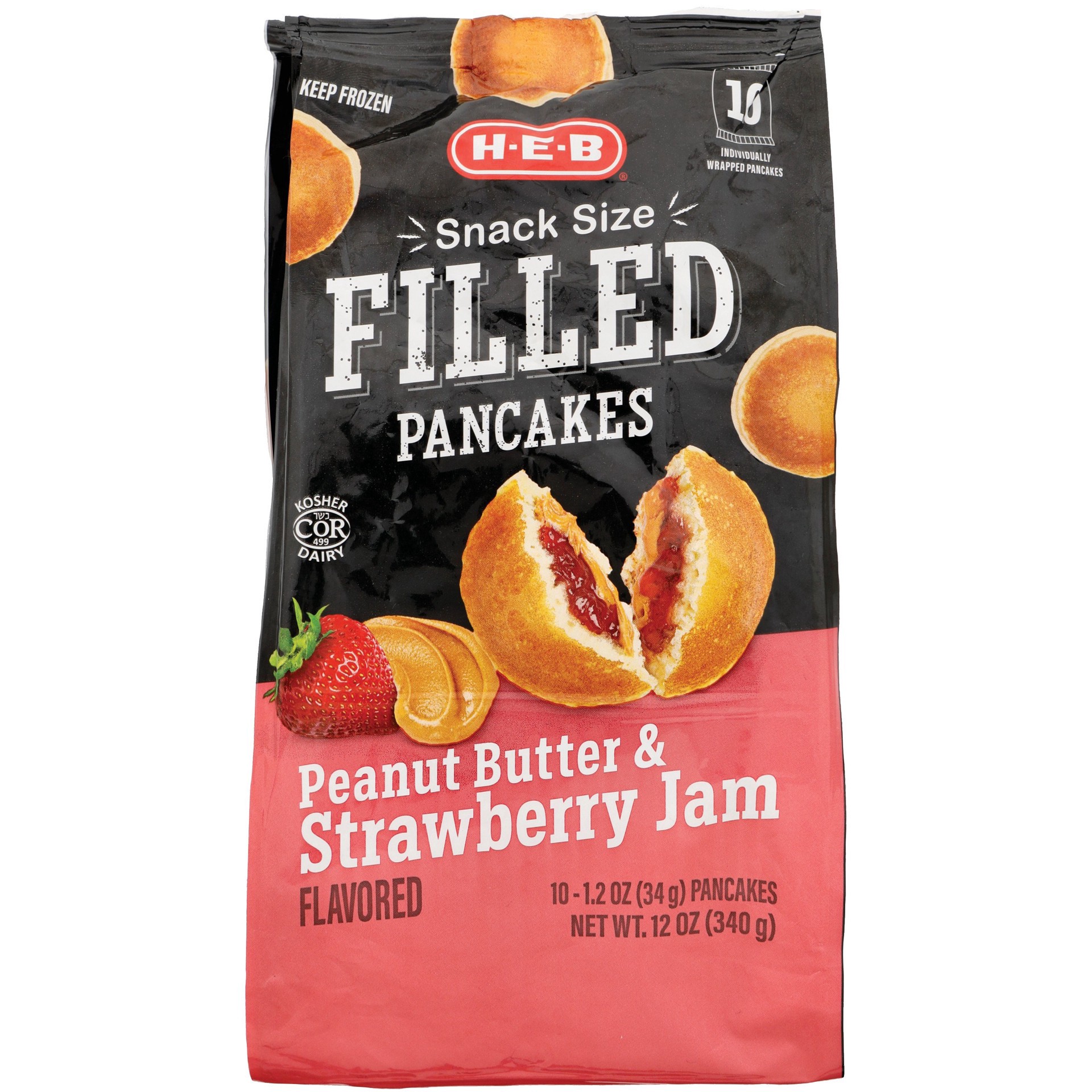slide 1 of 1, H-E-B Frozen Snack-Size Filled Pancakes – Peanut Butter & Strawberry Jam, 10 ct