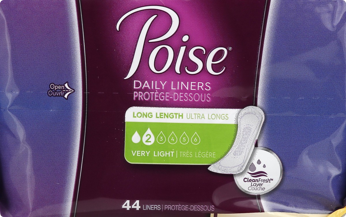 slide 2 of 10, Poise Long Length Very Light 2 Daily Liners 44 ea, 44 ct