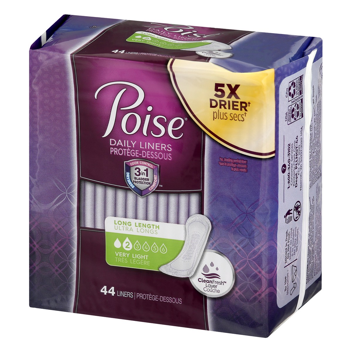 slide 4 of 10, Poise Long Length Very Light 2 Daily Liners 44 ea, 44 ct