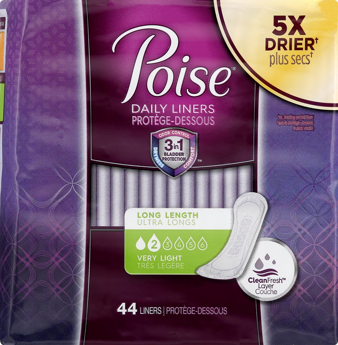 slide 7 of 10, Poise Long Length Very Light 2 Daily Liners 44 ea, 44 ct