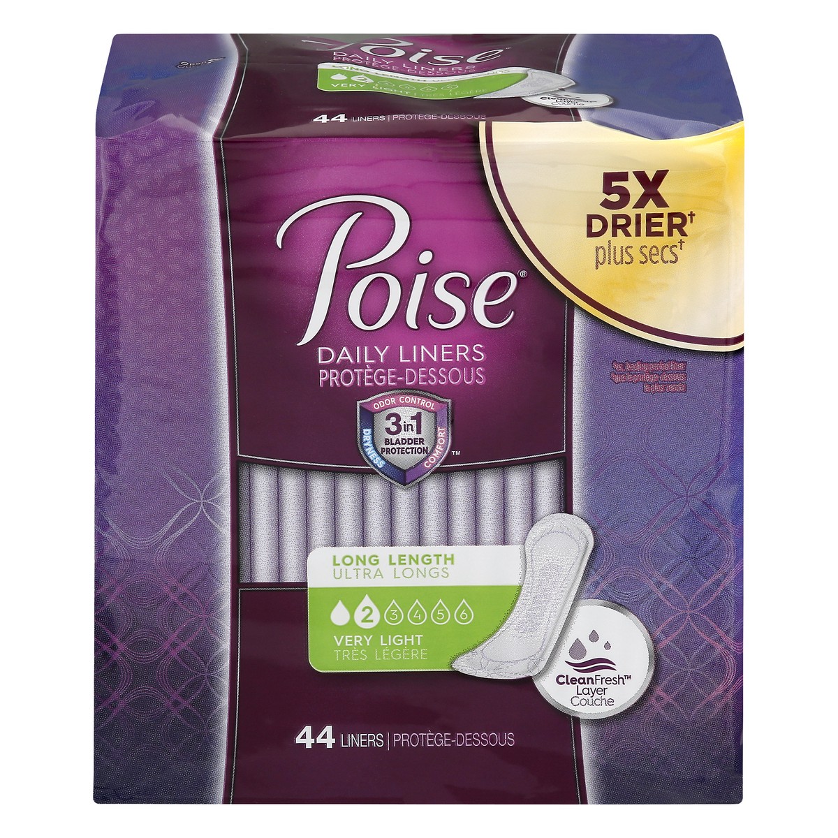 slide 1 of 10, Poise Long Length Very Light 2 Daily Liners 44 ea, 44 ct