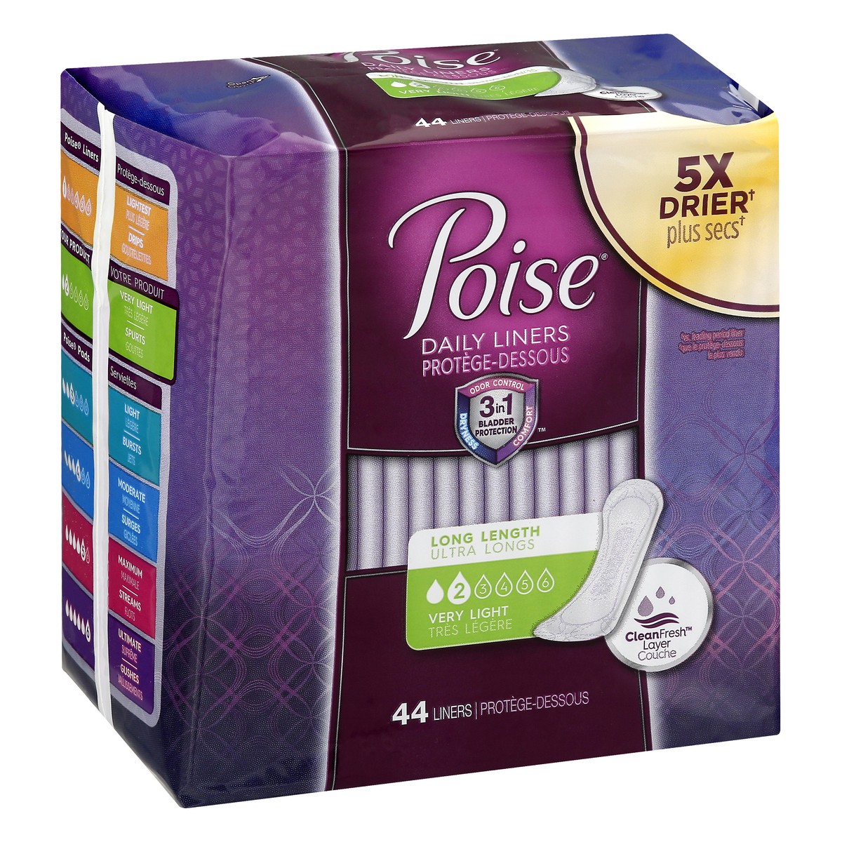 slide 10 of 10, Poise Long Length Very Light 2 Daily Liners 44 ea, 44 ct