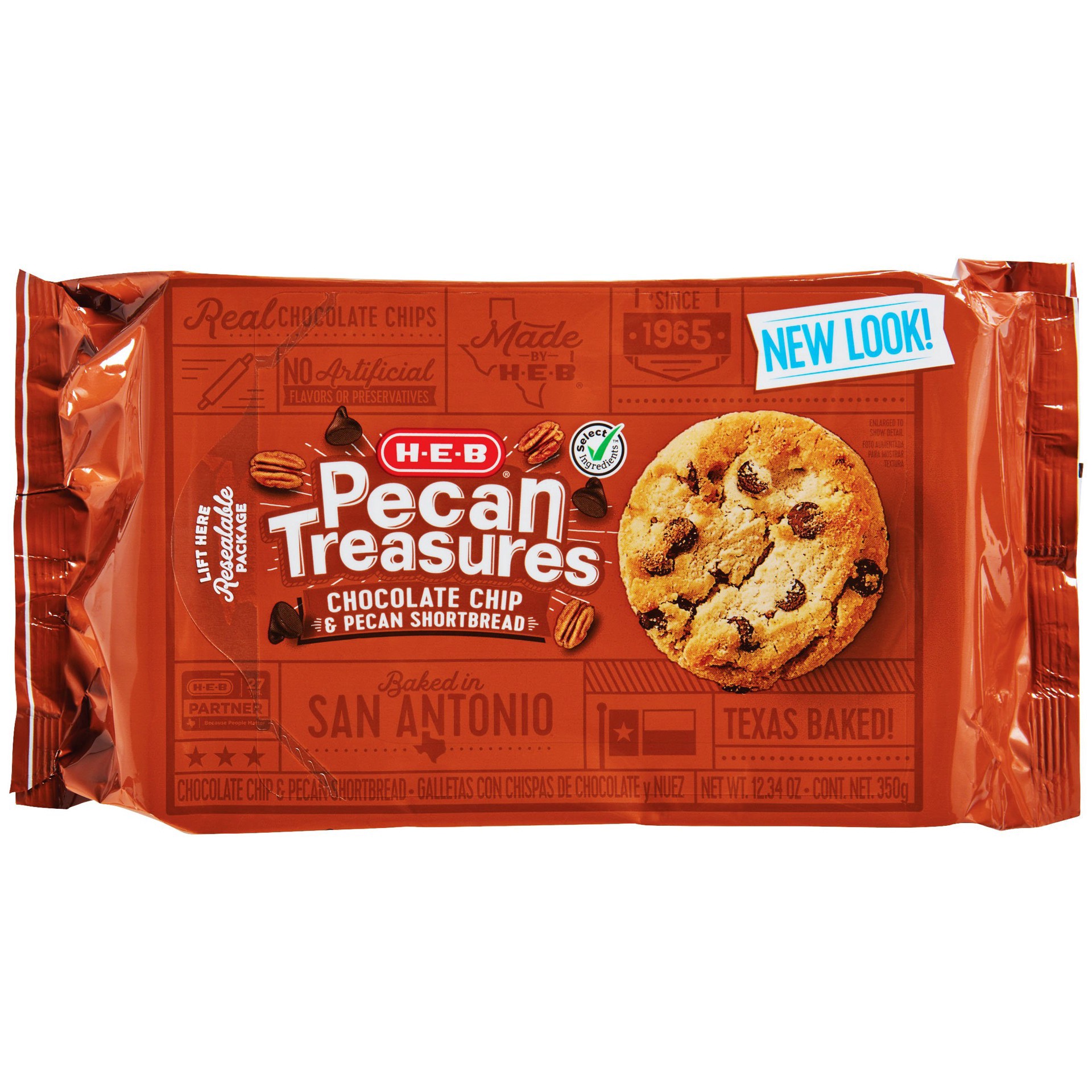 slide 1 of 1, H-E-B Pecan Treasures Chocolate Chips and Pecan Shortbread, 13.2 oz