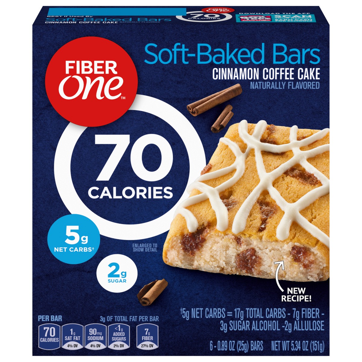 slide 1 of 14, Fiber One 70 Calorie Soft-Baked Bars, Cinnamon Coffee Cake, 6 Bars, 5.34 oz, 6 ct