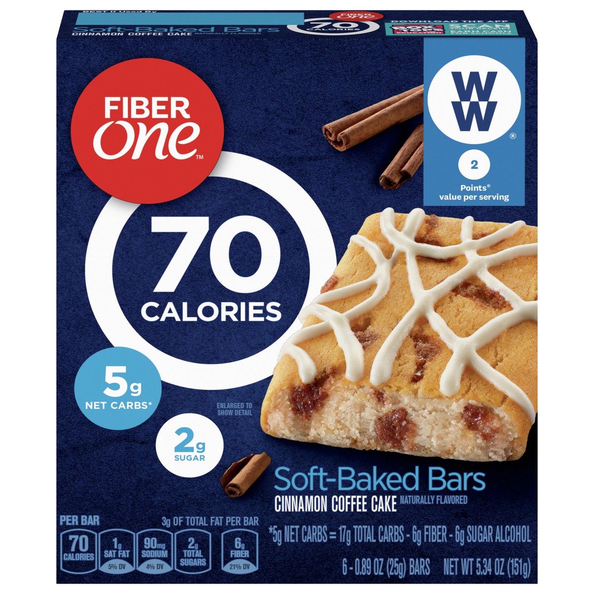 slide 1 of 14, Fiber One 70 Calorie Soft-Baked Bars, Cinnamon Coffee Cake, 6 Bars, 5.34 oz, 6 ct