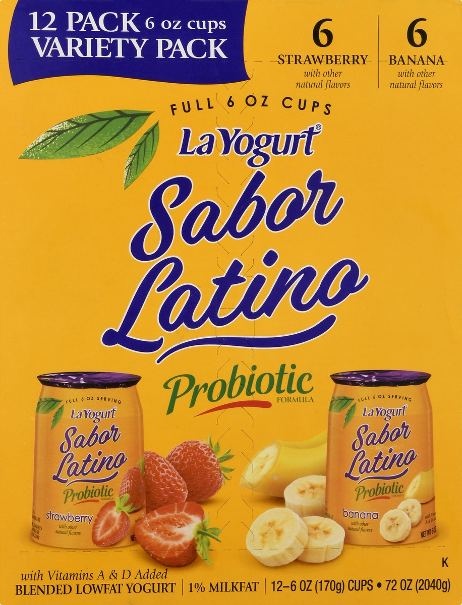 slide 1 of 10, La Yogurt Sabor Latino Lowfat Variety Pack Strawberry & Banana Blended Yogurt 12 ea, 12 ct