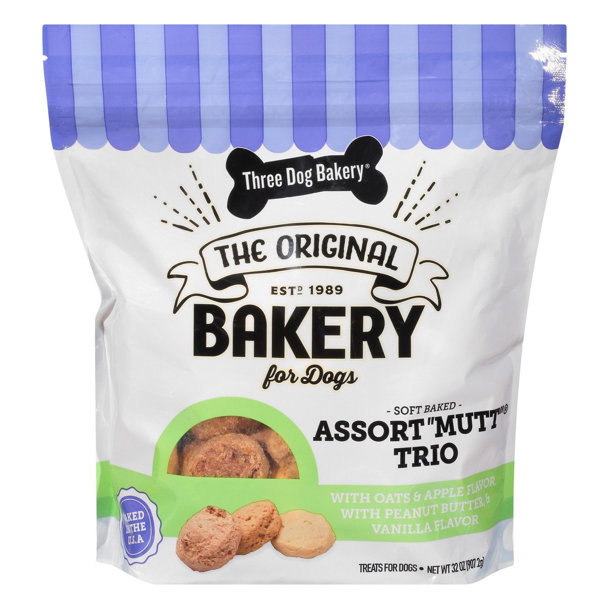 slide 1 of 9, Three Dog Bakery Soft Baked Assort Mutt Trio Treats for Dogs 32 oz, 32 oz