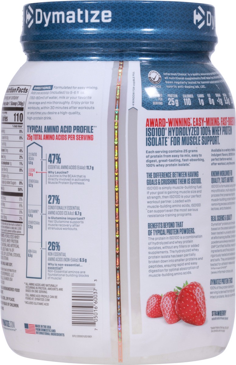 slide 12 of 13, Dymatize ISO100 Hydrolyzed Strawberry Protein Powder 21.1 oz, 21.1 oz