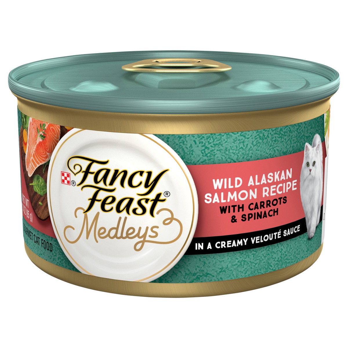 slide 1 of 6, Fancy Feast Purina Fancy Feast High Protein Wet Cat Food, Medleys Wild Alaskan Salmon Recipe With Garden Veggies in Sauce, 3 oz