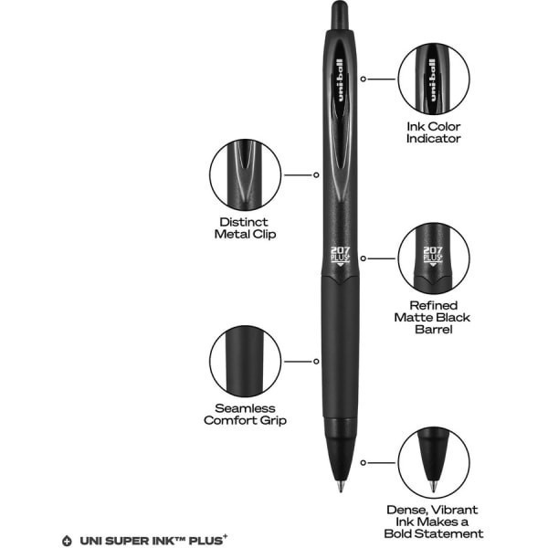 slide 4 of 7, Uniball 207 Plus+ Gel Pen - Medium Pen Point - 0.7 Mm Pen Point Size - Retractable - Black Gel-Based, Nanofiber Ink Ink - Black Metal Barrel - 1 / Dozen, 1 ct