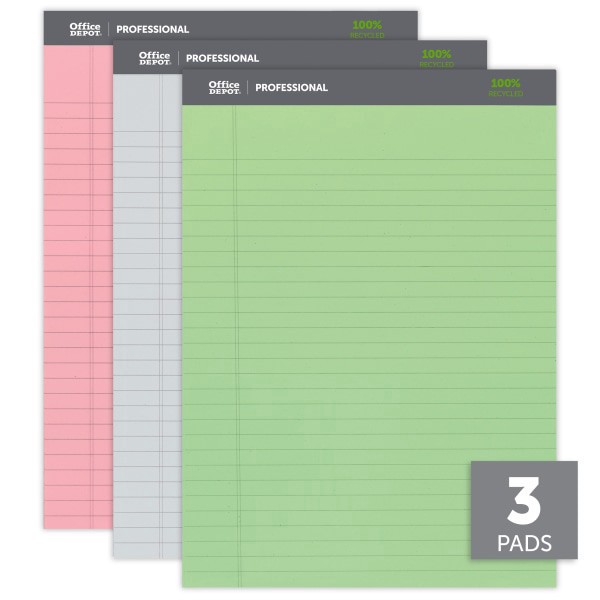 slide 6 of 6, Office Depot Brand Professional Writing Pads, 8 1/2"" X 11 3/4"", Legal/Wide Ruled, 50 Sheets, Assorted Colors, Pack Of 3, 3 ct