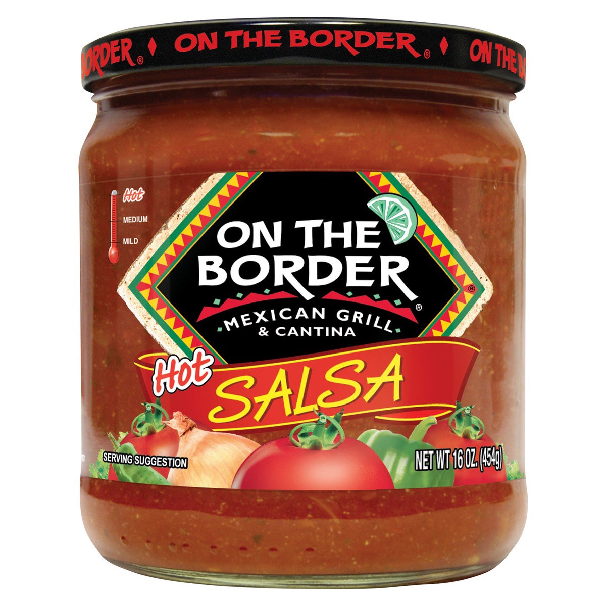 slide 1 of 7, On The Border Hot Salsa, 12 oz