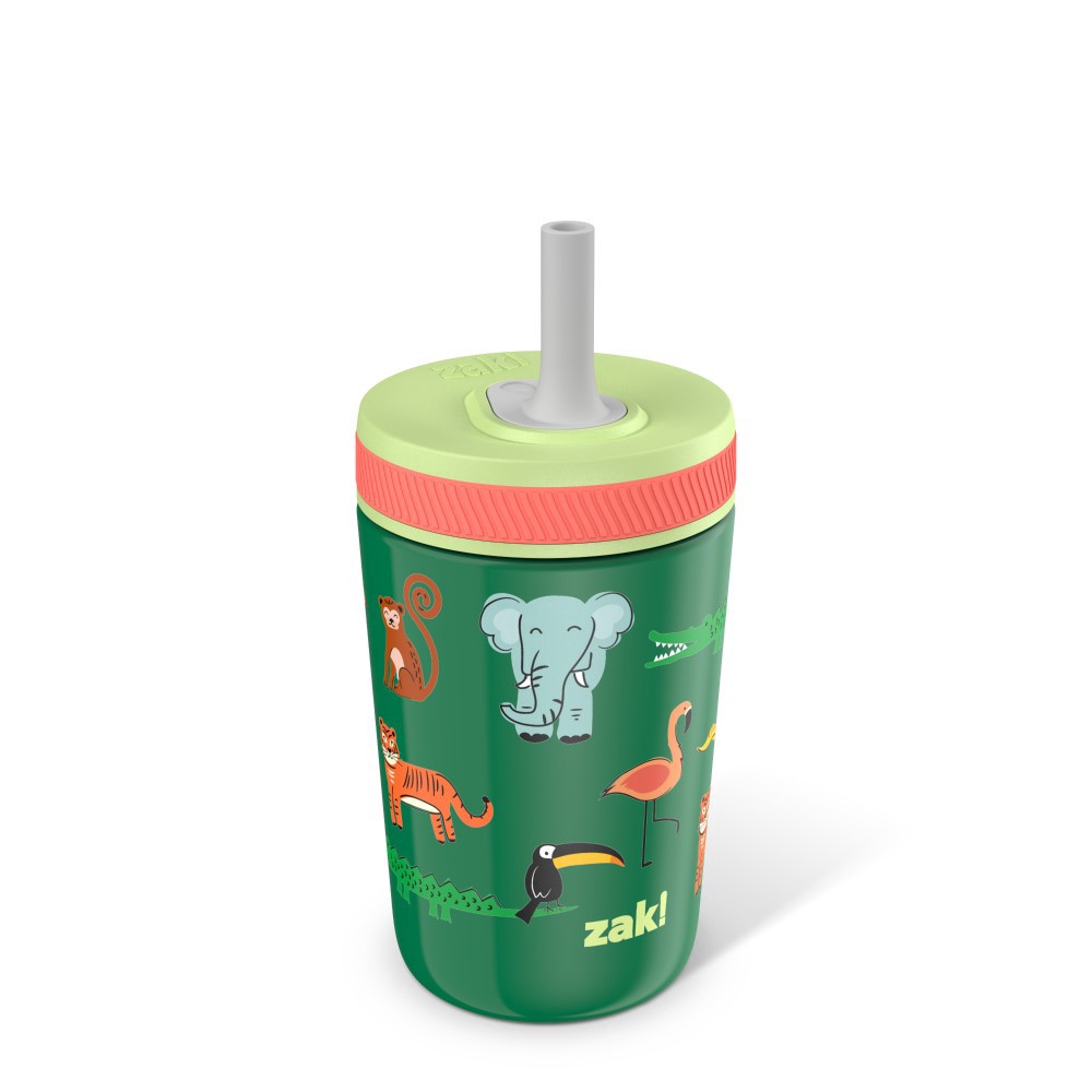 slide 2 of 3, Zak! Designs Jungle Joy Antimicrobial Stainless Steel Double Wall Leakproof Straw + Tumbler, 1 ct