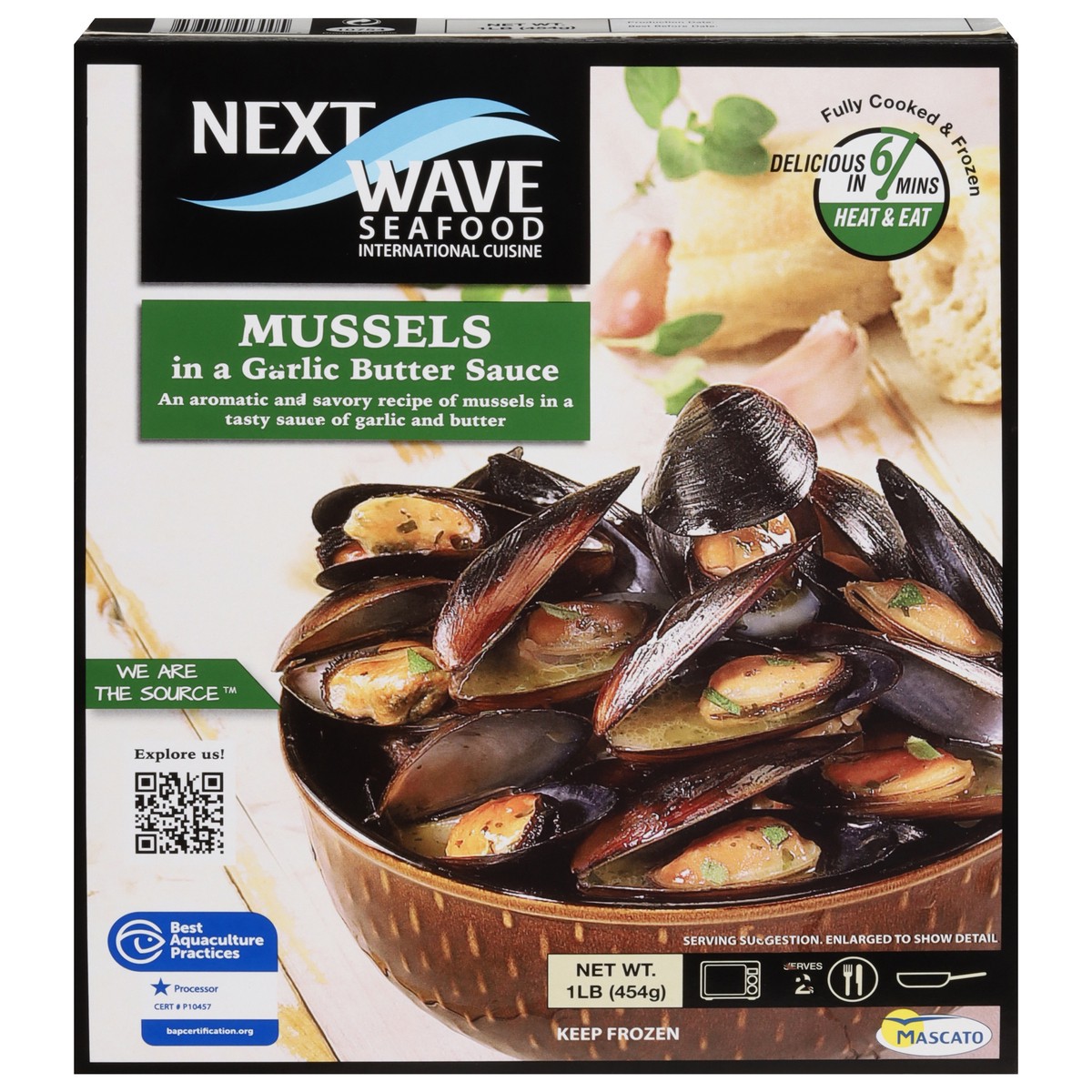 slide 1 of 9, Next Wave Seafood Mussels in Garlic Butter Sauce, 1 lb