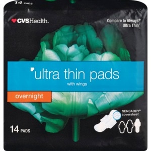 slide 1 of 1, CVS Health Ultra Thin Overnight Pads With Wings, 14 ct