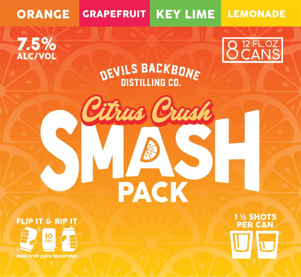 slide 4 of 6, Devils Backbone Distilling Company Citrus Smash Variety, 8 Pack Canned Cocktails, 12 fl. oz. Cans, 7.5% ABV, 96 fl oz