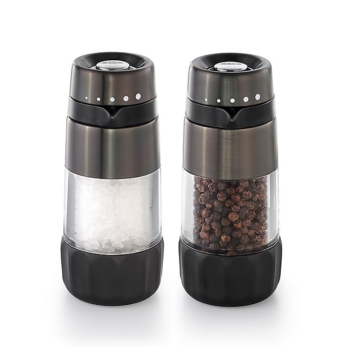 slide 1 of 5, OXO Good Grips Mess-Free Salt and Pepper Grinder Set - Black, 1 ct