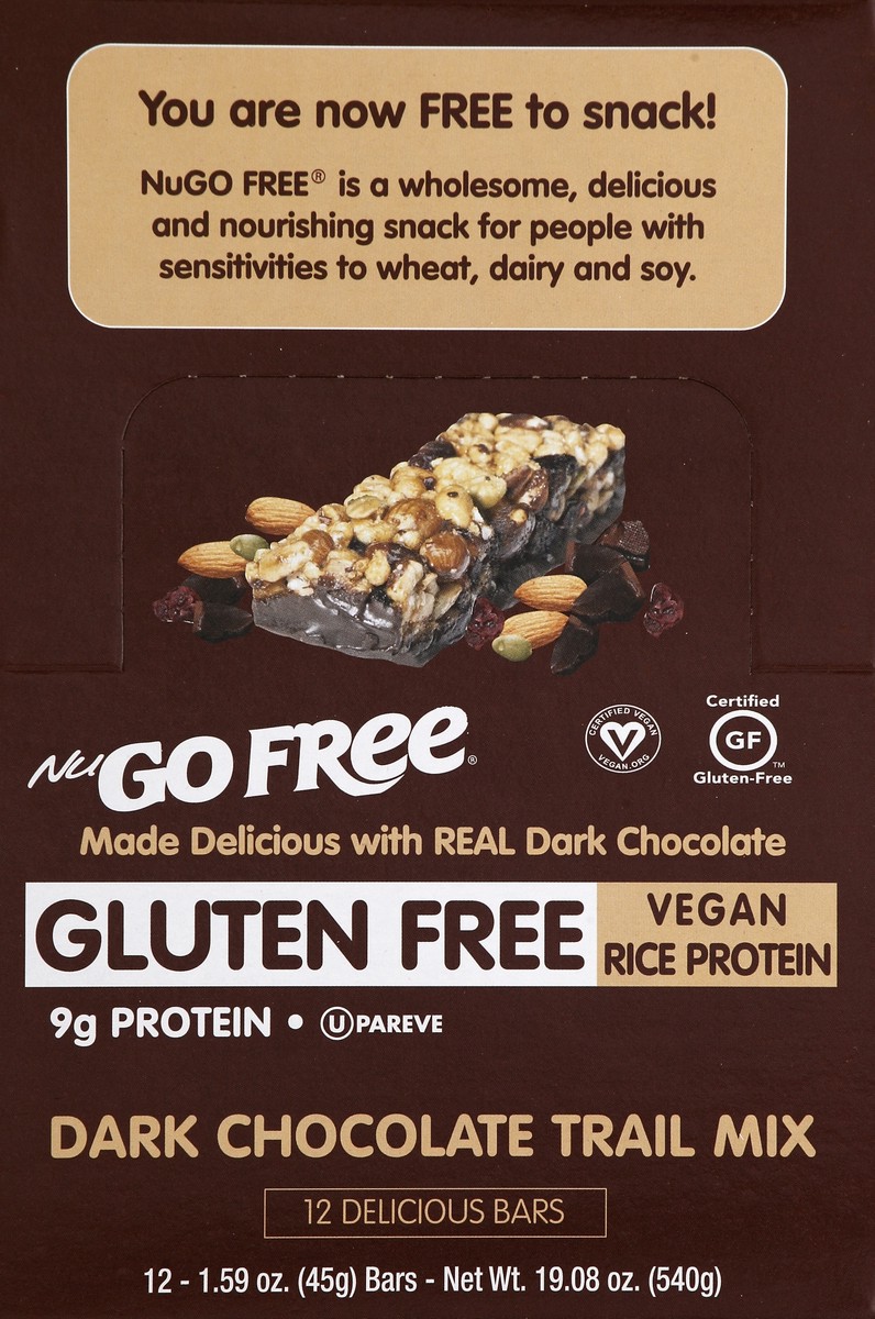 slide 5 of 5, NuGo Free Gluten Free Dark Chocolate Trail Mix Protein Bar 12 - 1.59 oz ea, 12 ct