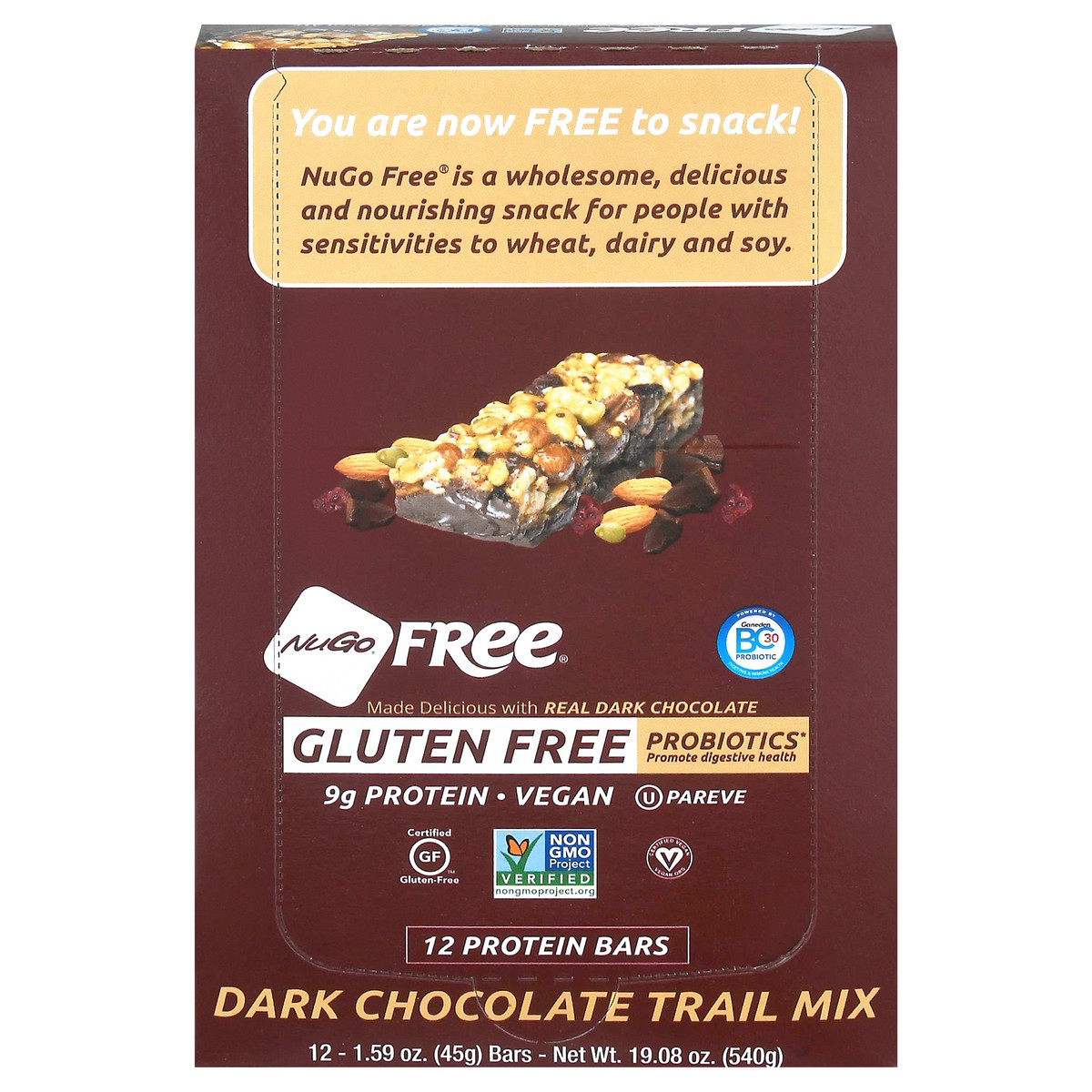 slide 1 of 5, NuGo Free Gluten Free Dark Chocolate Trail Mix Protein Bar 12 - 1.59 oz ea, 12 ct