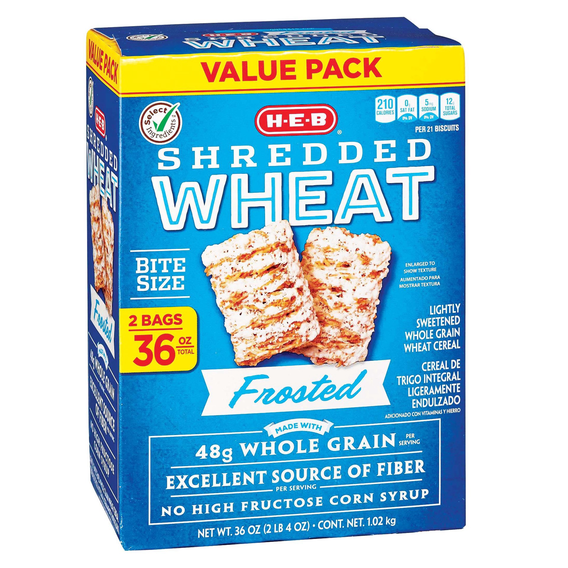 slide 1 of 1, H-E-B Bite-Size Frosted Shredded Wheat Cereal - Value Pack, 36 oz
