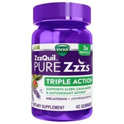 Vicks ZzzQuil PURE Zzzs Triple Action, 6mg Melatonin Gummies, 3X Melatonin Sleep Aid with Ashwagandha, Calm Mood & Antioxidant Action, Sleep Aid for Adults, 6 mg per serving, 60 Count