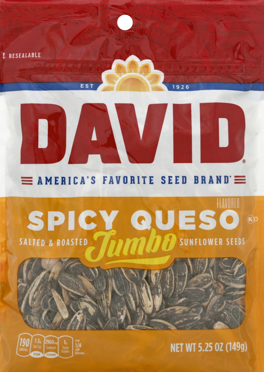 slide 8 of 8, DAVID Roasted and Salted Spicy Queso Jumbo Sunflower Seeds, Keto Friendly Snack, 5.25 oz. Bag, 5.25 oz