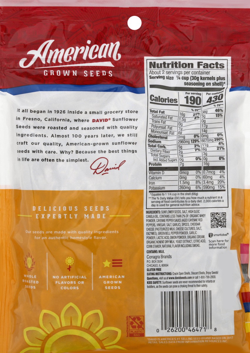 slide 3 of 8, DAVID Roasted and Salted Spicy Queso Jumbo Sunflower Seeds, Keto Friendly Snack, 5.25 oz. Bag, 5.25 oz