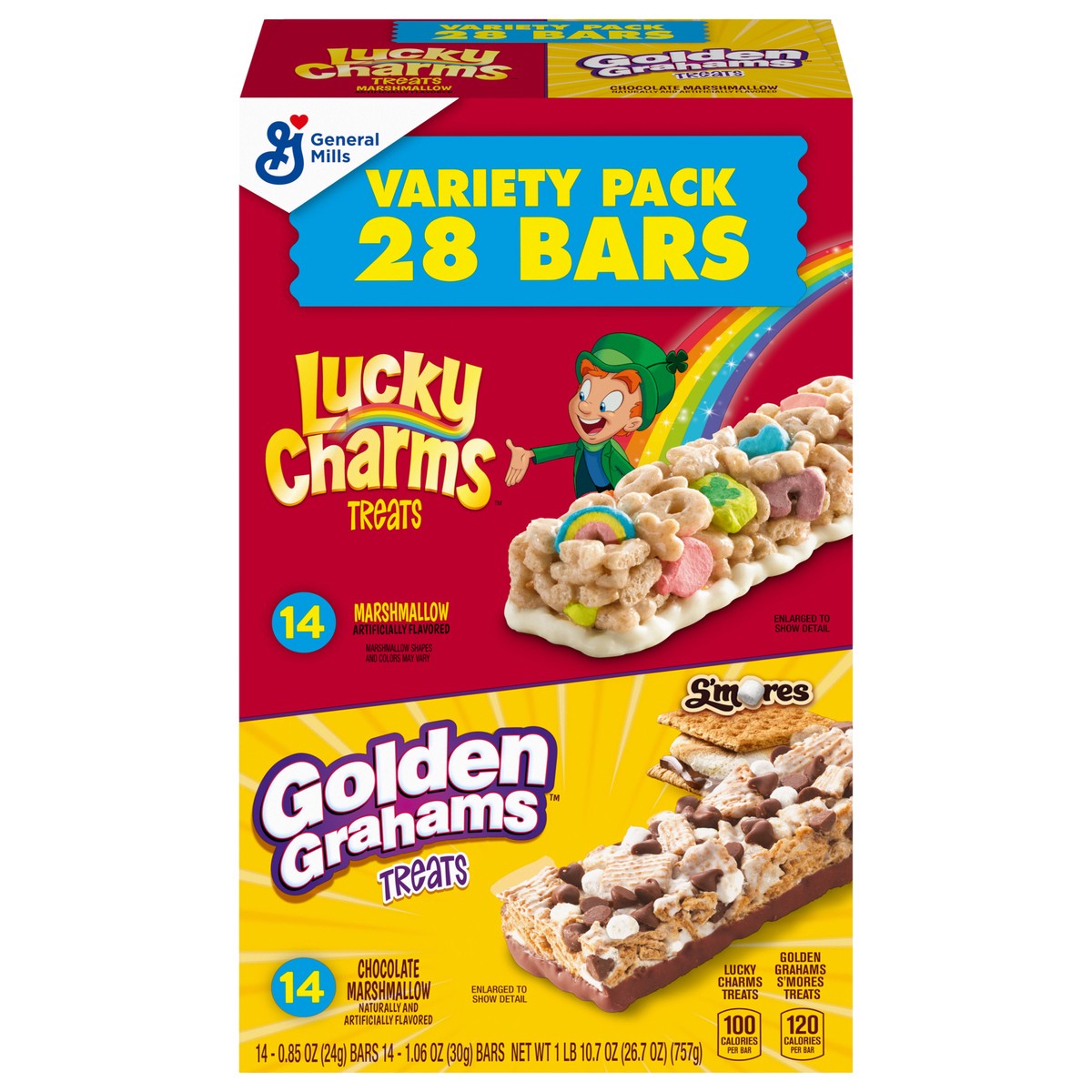 slide 1 of 9, General Mills Golden Grahams Lucky Charms Breakfast Cereal Treat Bars Variety Pack, 28 ct, 28 ct