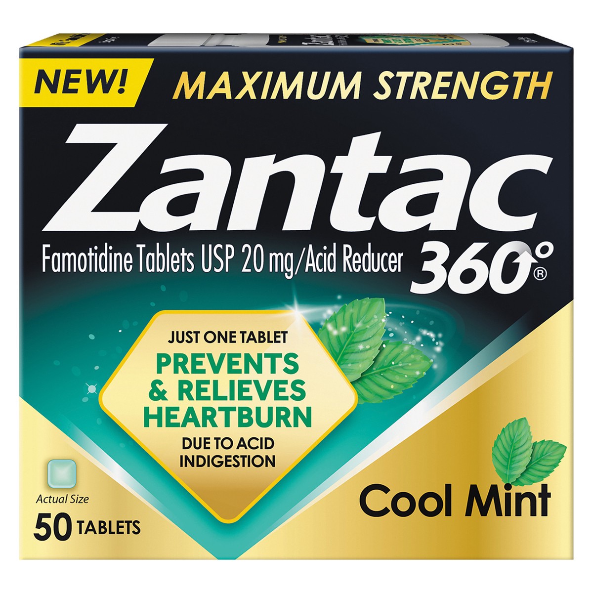 slide 1 of 1, Zantac 360 Maximum Strength, Cool Mint, 50 Count, 20mg Tablets, 50 ct; 20 mg