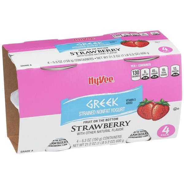 slide 1 of 1, Hy-vee Strawberry Fruit On The Bottom Greek Strained Nonfat Yogurt, 21.2 oz