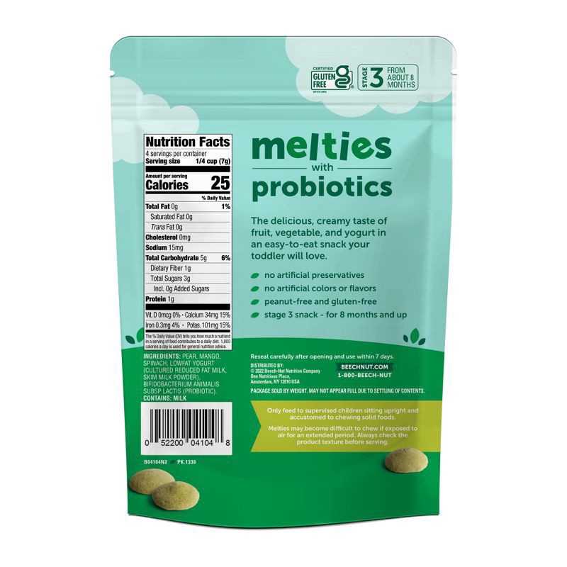 slide 5 of 6, Beech-Nut Probiotic Melties Pear Mango Spinach Yogurt Melts Baby & Toddler Snack, 1oz Bag, 1 oz