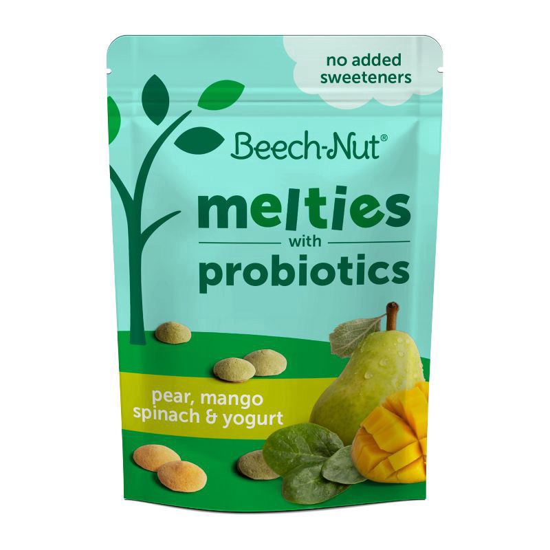 slide 1 of 6, Beech-Nut Probiotic Melties Pear Mango Spinach Yogurt Melts Baby & Toddler Snack, 1oz Bag, 1 oz