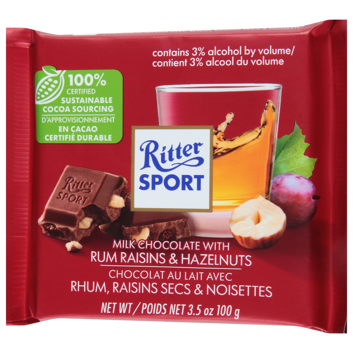 slide 4 of 9, Ritter Sport Milk Chocolate with Rum Raisins & Hazelnuts 3.5 oz, 3 oz