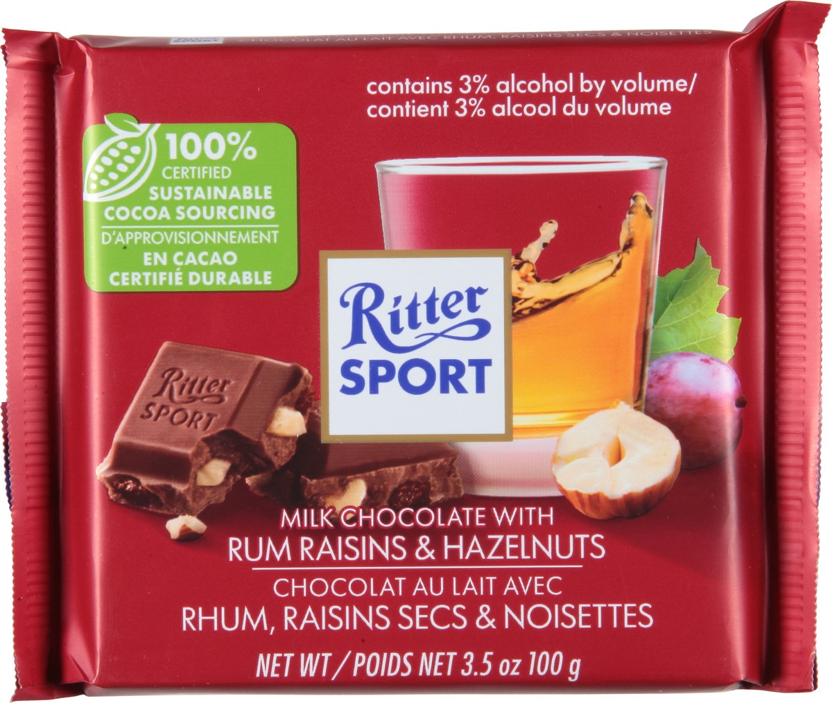 slide 9 of 9, Ritter Sport Milk Chocolate with Rum Raisins & Hazelnuts 3.5 oz, 3 oz