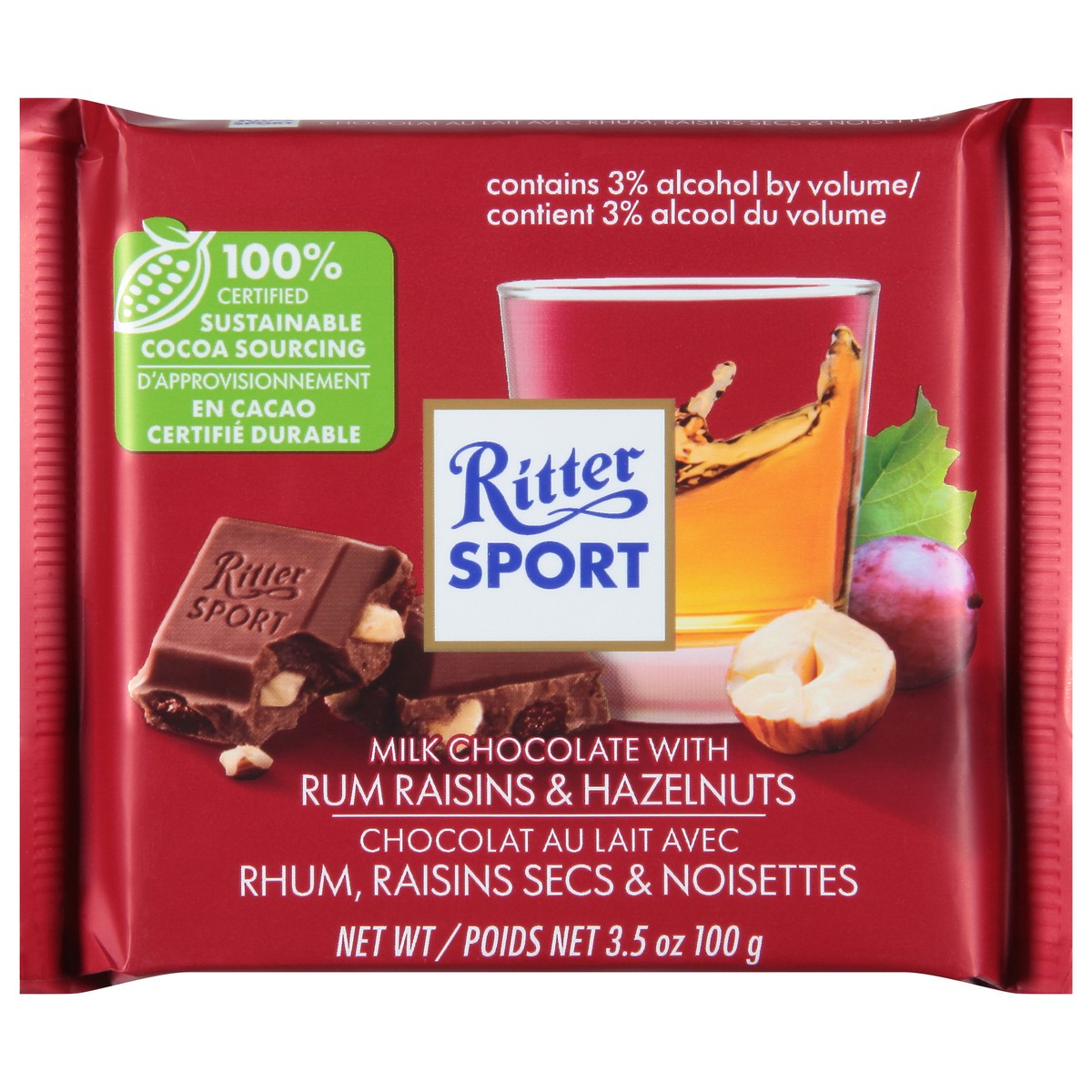 slide 1 of 9, Ritter Sport Milk Chocolate with Rum Raisins & Hazelnuts 3.5 oz, 3 oz