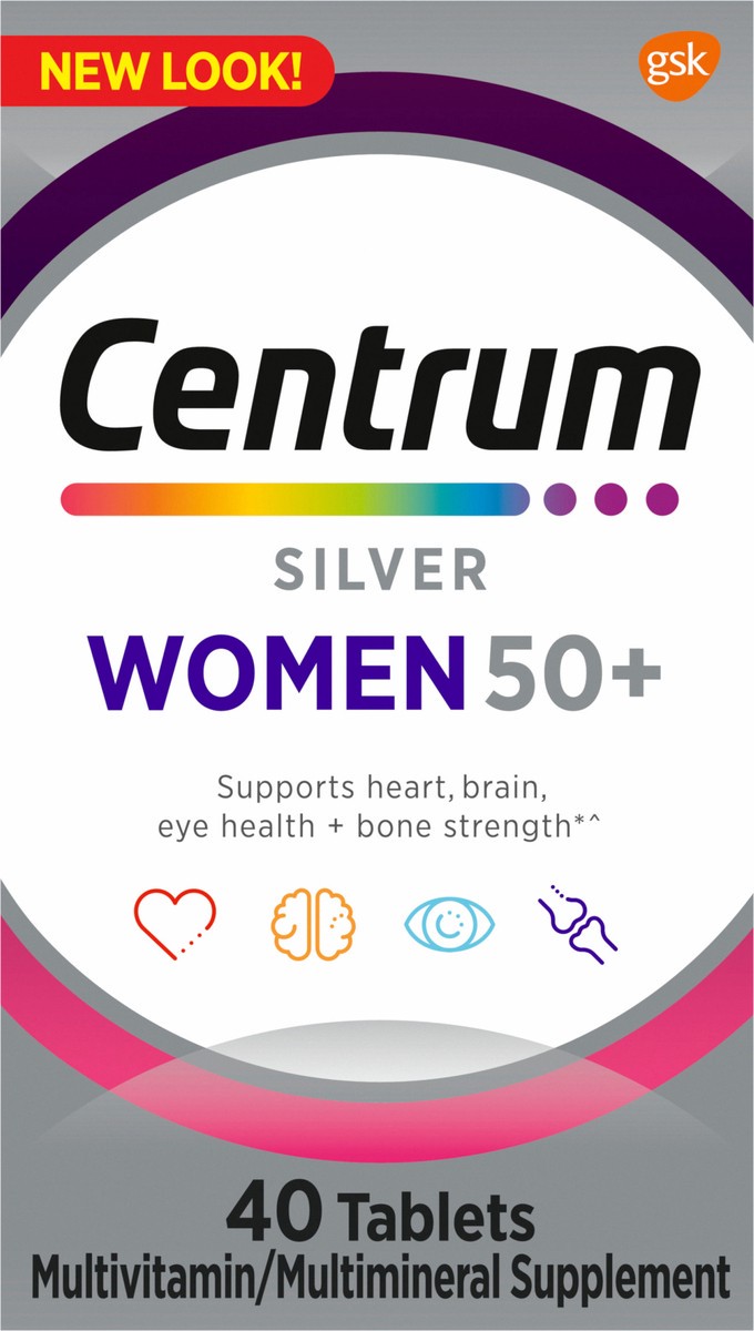 slide 3 of 9, Centrum Silver Women's Multivitamin for Women 50 Plus, Multivitamin/Multimineral Supplement with Vitamin D3, B Vitamins, Calcium and Antioxidants, Gluten Free, Non-GMO Ingredients - 40 Count, 40 ct