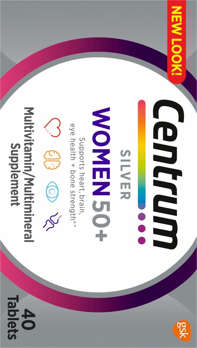 slide 8 of 9, Centrum Silver Women's Multivitamin for Women 50 Plus, Multivitamin/Multimineral Supplement with Vitamin D3, B Vitamins, Calcium and Antioxidants, Gluten Free, Non-GMO Ingredients - 40 Count, 40 ct